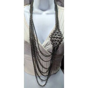 Glam Goth Metal Layered Chain Necklace With Rhinestone Accents